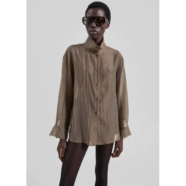 The Frankie Shop Avila Sheer Fluid Shirt - Brown/White Stripe - Oversized Minimalist Tops in Multicolour - Shop at Luxury Shoes 
