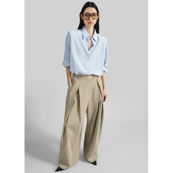The Frankie Shop Avray Pleated Trousers - Beige - Oversized Minimalist Pants in Beige - Shop at Luxury Shoes 