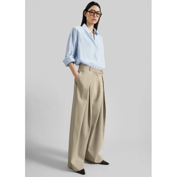 The Frankie Shop Avray Pleated Trousers - Beige - Oversized Minimalist Pants in Beige - Shop at Luxury Shoes 