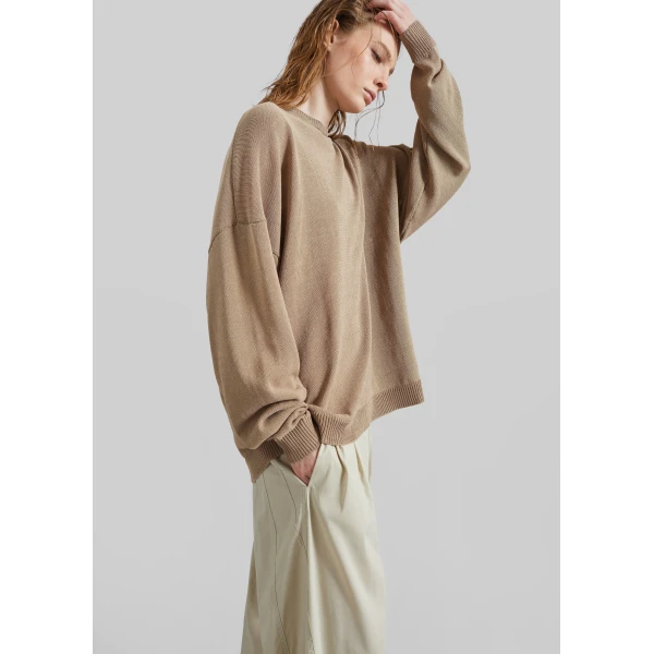 The Frankie Shop Basel Crew Neck Sweater - Beige - Oversized Minimalist Knitwear in Beige - Shop at Luxury Shoes 