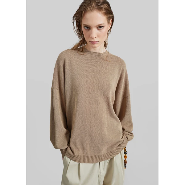 The Frankie Shop Basel Crew Neck Sweater - Beige - Oversized Minimalist Knitwear in Beige - Shop at Luxury Shoes 