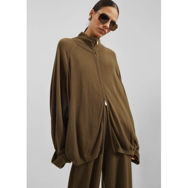 The Frankie Shop Baxe Knit Track Jacket - Dark Camel - Oversized Minimalist Jackets in Beige - Shop at Luxury Shoes 