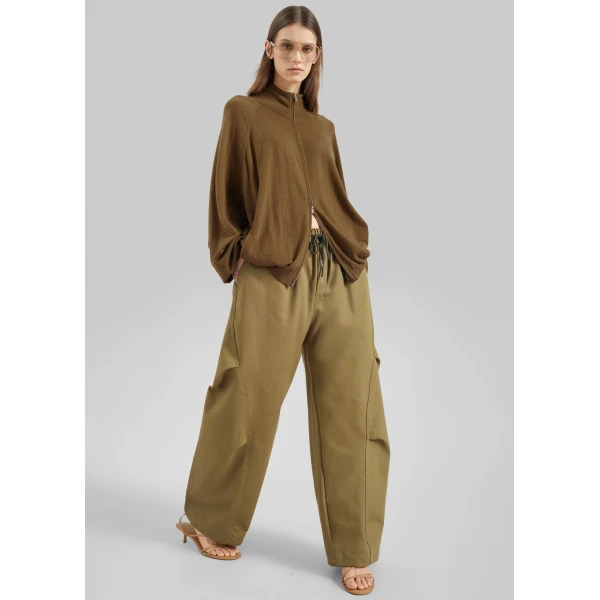 The Frankie Shop Baxe Knit Track Jacket - Dark Camel - Oversized Minimalist Jackets in Beige - Shop at Luxury Shoes 