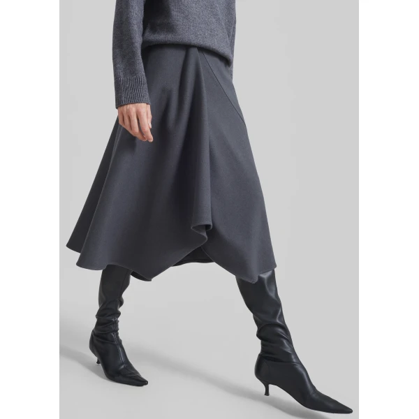 The Frankie Shop Bayel Flared Midi Skirt - Dark Grey - Oversized Minimalist Skirts in Grey - Shop at Luxury Shoes 