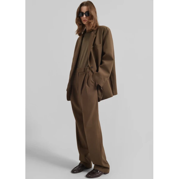 The Frankie Shop Bea Suit Pants - Chocolate - Oversized Minimalist Pants in Beige - Shop at Luxury Shoes 