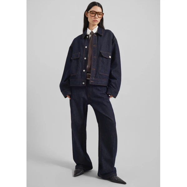 The Frankie Shop Belden Boxy Denim Jacket - Dark Wash - Oversized Minimalist Jackets in Grey - Shop at Luxury Shoes 