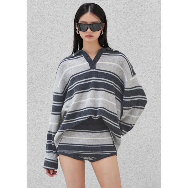 The Frankie Shop Belize Knit Hot Pants - Grey Stripe - Oversized Minimalist Shorts in Multicolour - Shop at Luxury Shoes 