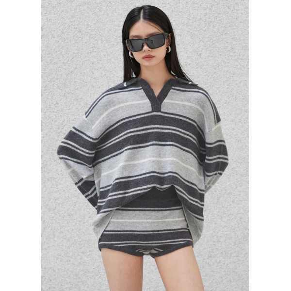 The Frankie Shop Belize Knit Polo Sweater - Grey Stripe - Oversized Minimalist Knitwear in Multicolour - Shop at Luxury Shoes 