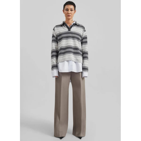 The Frankie Shop Belize Knit Polo Sweater - Grey Stripe - Oversized Minimalist Knitwear in Multicolour - Shop at Luxury Shoes 