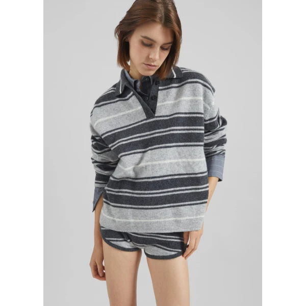 The Frankie Shop Belize Knit Polo Sweater - Grey Stripe - Oversized Minimalist Knitwear in Multicolour - Shop at Luxury Shoes 