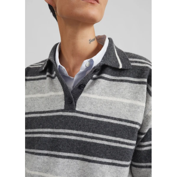The Frankie Shop Belize Knit Polo Sweater - Grey Stripe - Oversized Minimalist Knitwear in Multicolour - Shop at Luxury Shoes 