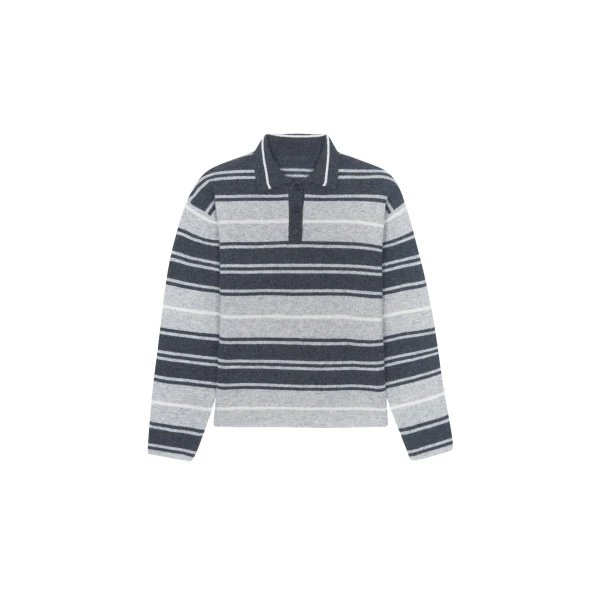 The Frankie Shop Belize Knit Polo Sweater - Grey Stripe - Oversized Minimalist Knitwear in Multicolour - Shop at Luxury Shoes 