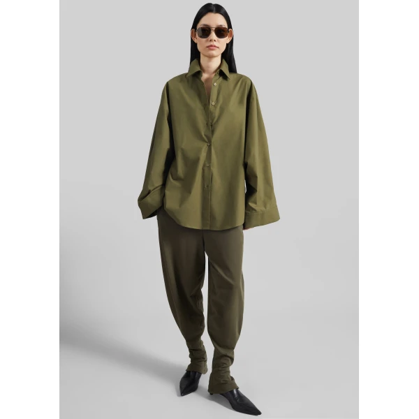 The Frankie Shop Bercy Curved Jersey Joggers - Olive - Oversized Minimalist Pants in Green - Shop at Luxury Shoes 
