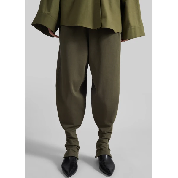 The Frankie Shop Bercy Curved Jersey Joggers - Olive - Oversized Minimalist Pants in Green - Shop at Luxury Shoes 