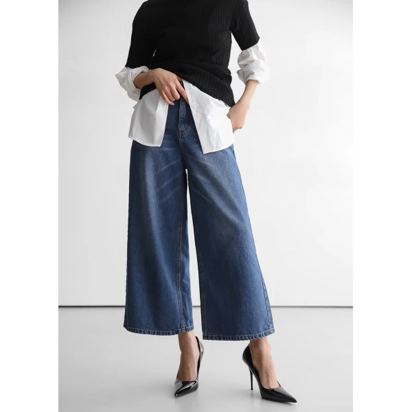 The Frankie Shop Besdon Denim Culottes - Medium Wash - Oversized Minimalist Pants in Grey - Shop at Luxury Shoes 