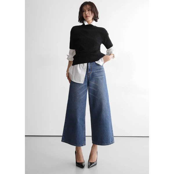 The Frankie Shop Besdon Denim Culottes - Medium Wash - Oversized Minimalist Pants in Grey - Shop at Luxury Shoes 