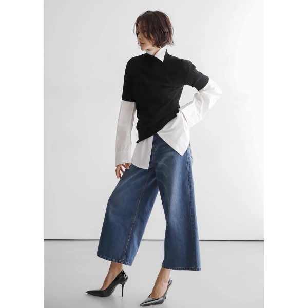 The Frankie Shop Besdon Denim Culottes - Medium Wash - Oversized Minimalist Pants in Grey - Shop at Luxury Shoes 