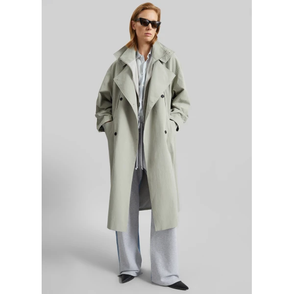 The Frankie Shop Besme Layered Trench Coat - Sage - Oversized Minimalist Coats in Green - Shop at Luxury Shoes 