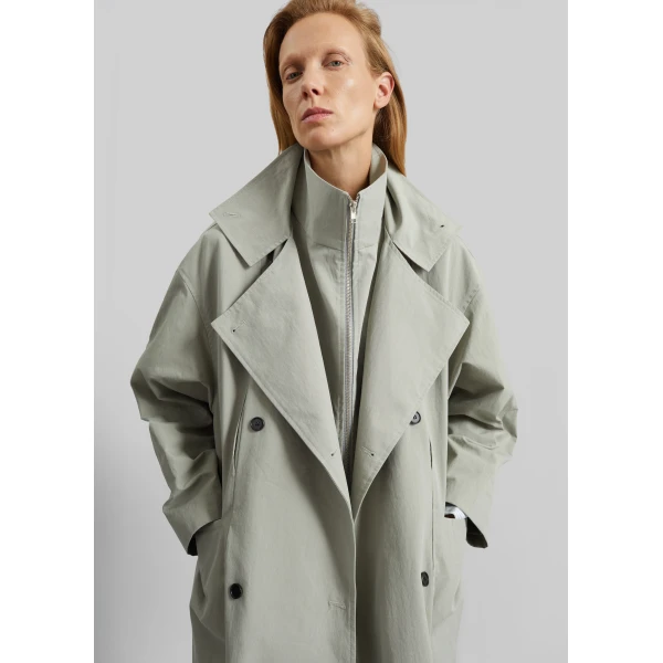 The Frankie Shop Besme Layered Trench Coat - Sage - Oversized Minimalist Coats in Green - Shop at Luxury Shoes 