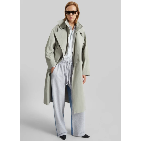 The Frankie Shop Besme Layered Trench Coat - Sage - Oversized Minimalist Coats in Green - Shop at Luxury Shoes 
