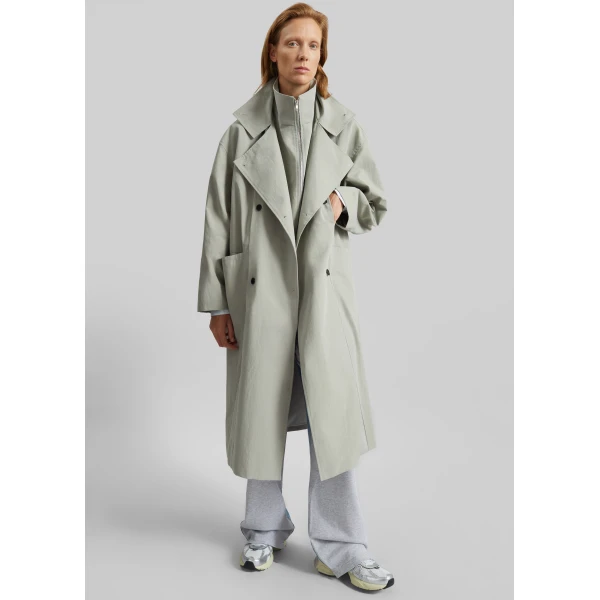 The Frankie Shop Besme Layered Trench Coat - Sage - Oversized Minimalist Coats in Green - Shop at Luxury Shoes 