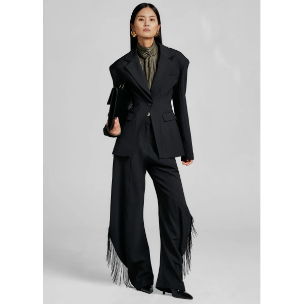 The Frankie Shop Bianca Fringed Barrel Leg Pants - Black - Oversized Minimalist Pants in Black - Shop at Luxury Shoes 