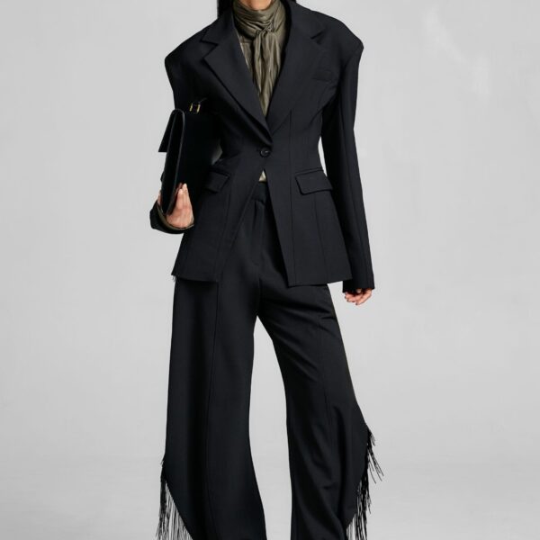 The Frankie Shop Bianca Fringed Barrel Leg Pants – Black, view 3