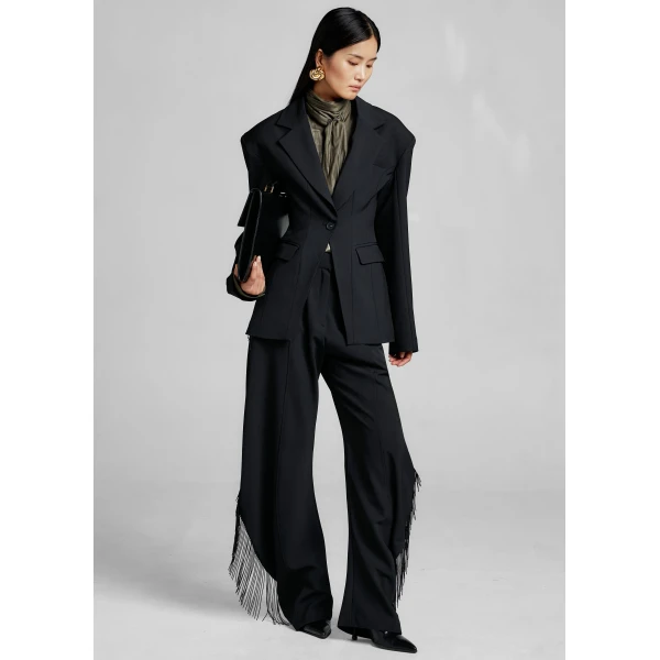 The Frankie Shop Bianca Fringed Barrel Leg Pants - Black - Oversized Minimalist Pants in Black - Shop at Luxury Shoes 