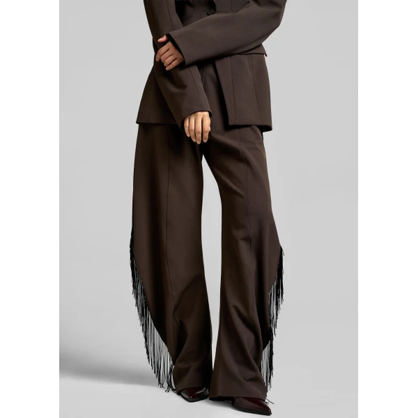 The Frankie Shop Bianca Fringed Barrel Leg Pants - Brown - Oversized Minimalist Pants in Beige - Shop at Luxury Shoes 