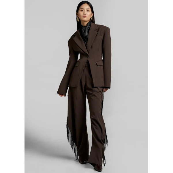 The Frankie Shop Bianca Fringed Barrel Leg Pants - Brown - Oversized Minimalist Pants in Beige - Shop at Luxury Shoes 