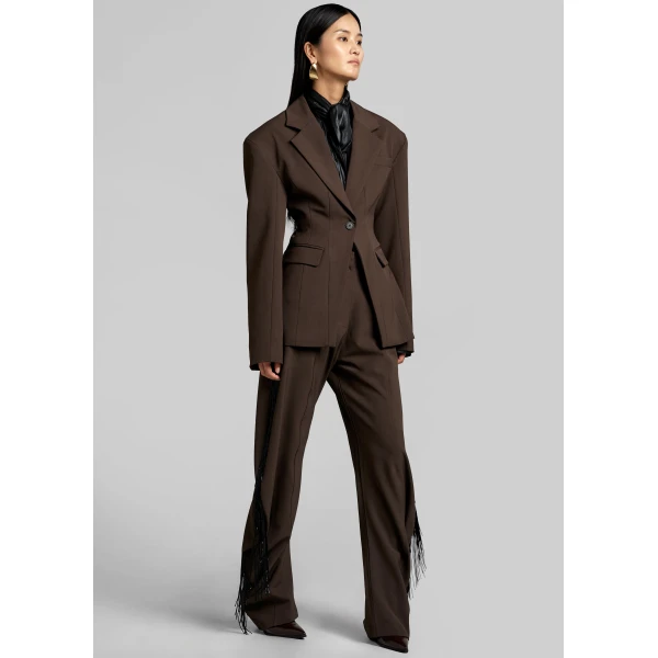 The Frankie Shop Bianca Fringed Barrel Leg Pants - Brown - Oversized Minimalist Pants in Beige - Shop at Luxury Shoes 