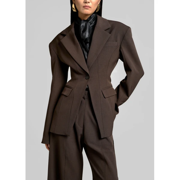 The Frankie Shop Bianca Hourglass Blazer - Brown - Oversized Minimalist Jackets in Beige - Shop at Luxury Shoes 