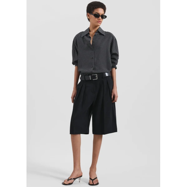 The Frankie Shop Bilbao Pleated Linen Bermuda Shorts - Black - Oversized Minimalist Shorts in Black - Shop at Luxury Shoes 