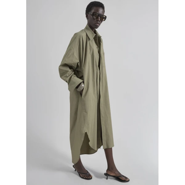 The Frankie Shop Bloom Organic Cotton Shirt Dress - Olive - Oversized Minimalist Dresses in Green - Shop at Luxury Shoes 