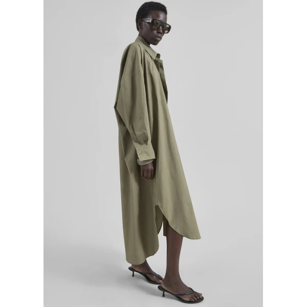 The Frankie Shop Bloom Organic Cotton Shirt Dress - Olive - Oversized Minimalist Dresses in Green - Shop at Luxury Shoes 