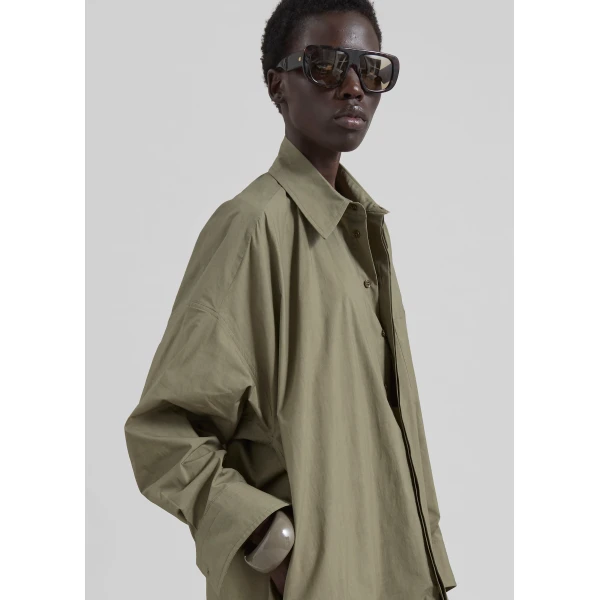 The Frankie Shop Bloom Organic Cotton Shirt Dress - Olive - Oversized Minimalist Dresses in Green - Shop at Luxury Shoes 