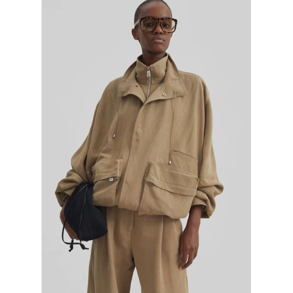 The Frankie Shop Breya Linen Fluid Jacket - Camel - Oversized Minimalist Jackets in Beige - Shop at Luxury Shoes 