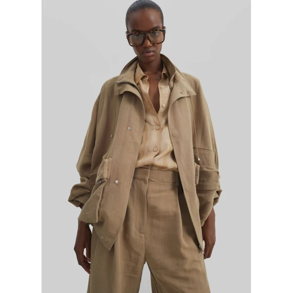 The Frankie Shop Breya Linen Fluid Jacket - Camel - Oversized Minimalist Jackets in Beige - Shop at Luxury Shoes 