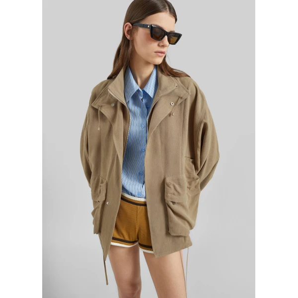 The Frankie Shop Breya Linen Fluid Jacket - Camel - Oversized Minimalist Jackets in Beige - Shop at Luxury Shoes 