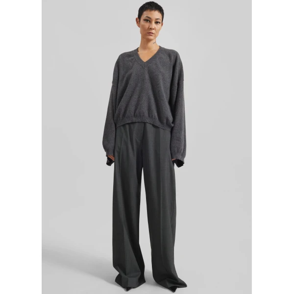 The Frankie Shop Brickell Plaid Trousers - Dark Grey - Oversized Minimalist Pants in Grey - Shop at Luxury Shoes 