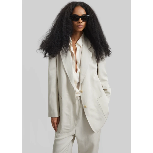 The Frankie Shop Bruna Linen Soft Blazer - Light Beige - Oversized Minimalist Jackets in Beige - Shop at Luxury Shoes 