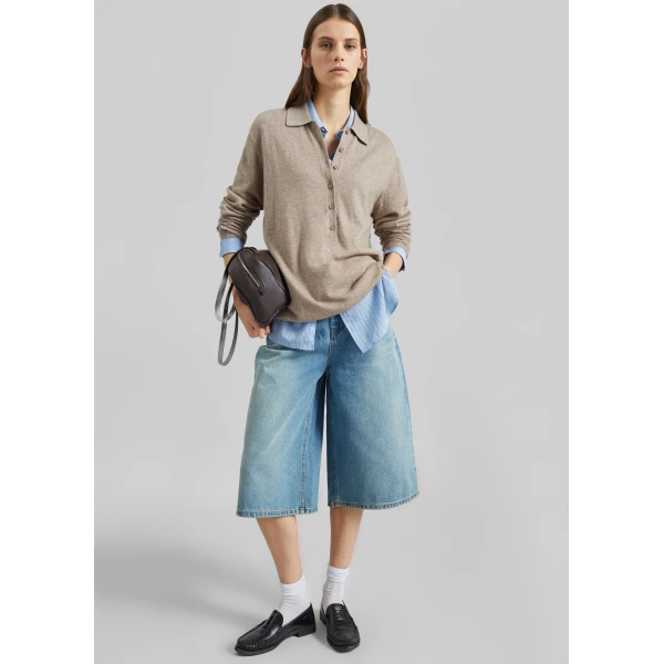 The Frankie Shop Brunoy Denim Culottes - Light Wash - Oversized Minimalist Shorts in Grey - Shop at Luxury Shoes 