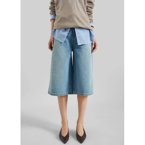 The Frankie Shop Brunoy Denim Culottes - Light Wash - Oversized Minimalist Shorts in Grey - Shop at Luxury Shoes 