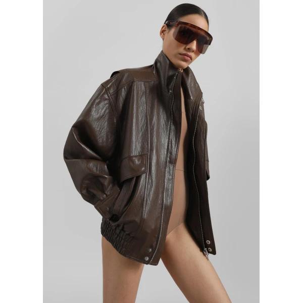 The Frankie Shop Burland Faux Leather Jacket - Brown - Oversized Minimalist Jackets in Beige - Shop at Luxury Shoes 
