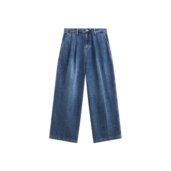 The Frankie Shop Buxton Pleated Wide Jeans - Medium Wash - Oversized Minimalist Pants in Grey - Shop at Luxury Shoes 