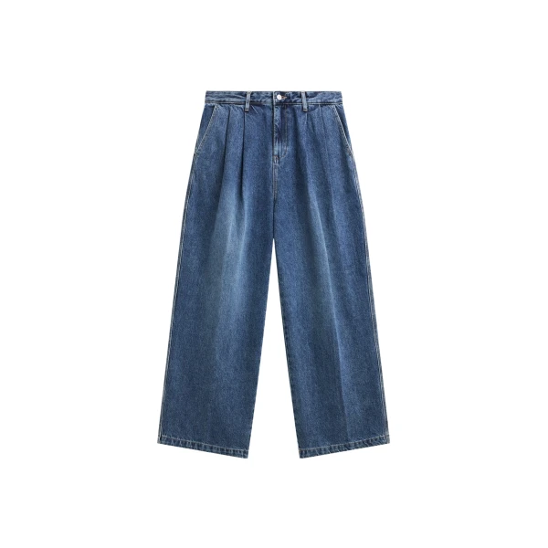 The Frankie Shop Buxton Pleated Wide Jeans - Medium Wash - Oversized Minimalist Pants in Grey - Shop at Luxury Shoes 