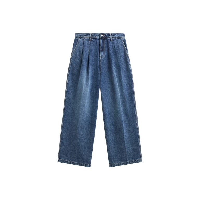 The Frankie Shop Buxton Pleated Wide Jeans - Medium Wash - Oversized Minimalist Pants in Grey - Shop at Luxury Shoes 