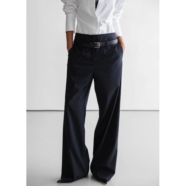 The Frankie Shop Camlez Low Belt Loop Trousers - Navy Pinstripe - Oversized Minimalist Pants in Multicolour - Shop at Luxury Shoes 