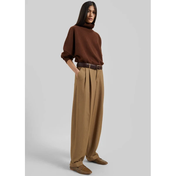 The Frankie Shop Canberra Pleated Trousers - Camel - Oversized Minimalist Pants in Beige - Shop at Luxury Shoes 