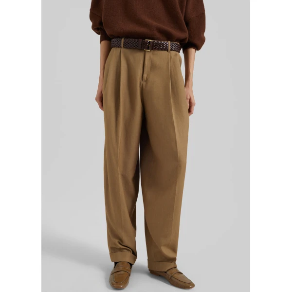 The Frankie Shop Canberra Pleated Trousers - Camel - Oversized Minimalist Pants in Beige - Shop at Luxury Shoes 
